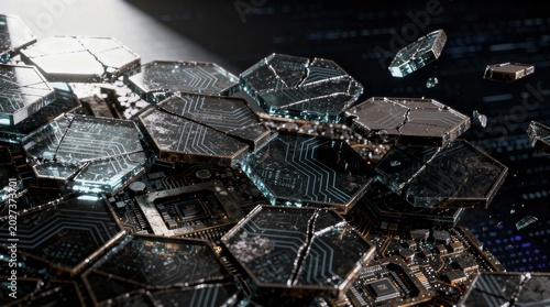 Hexagonal Circuits on Motherboard Technology Macro View