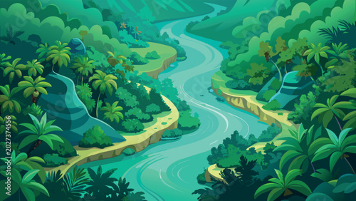 Aerial view of a winding turquoise river flowing through a lush green tropical jungle, exotic rainforest landscape vector illustration