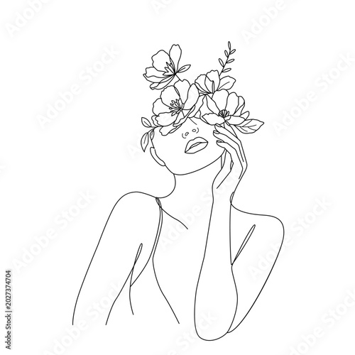 Elegant female portrait with flowers covering the face in minimal continuous one line style. Modern abstract floral illustration with botanical and beauty aesthetic. Trendy endless line vector artwork