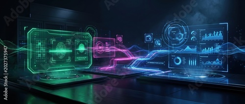 Futuristic digital interface with biometric scan and data analytics in neon lighting