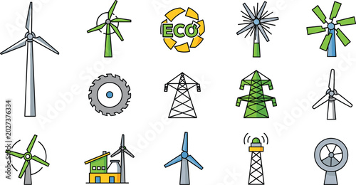 Foto Wind Turbine and Eco Renewable Energy Vector Illustration Set Isolated on White