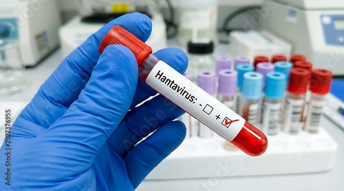 Medical professional wearing blue gloves holds a hantavirus test tube with a positive result in a laboratory setting