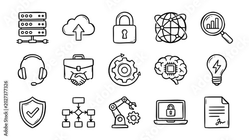 Handdrawn Technology & Business Icon Set on Transparent Background, handdrawn icons, technology icons, business icons, IT infrastructure, cybersecurity, cloud computing, artificial intelligence, 