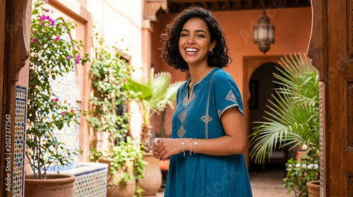 a beautiful young woman walking in the city street with smiling cute face