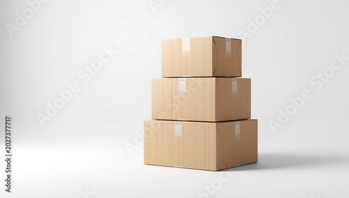 Detailed 3D render of stacked cardboard shipping boxes on a clean white studio background with soft shadows, representing ecommerce, logistics, delivery and online shopping
