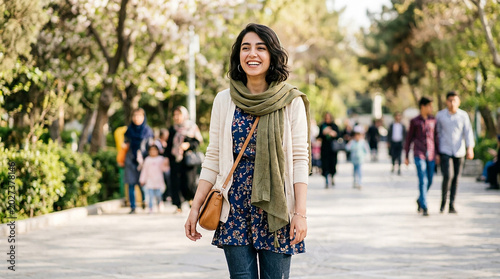 a beautiful young woman walking in the city street with smiling cute face