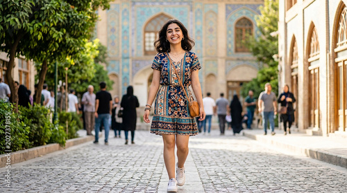 a beautiful young woman walking in the city street with smiling cute face
