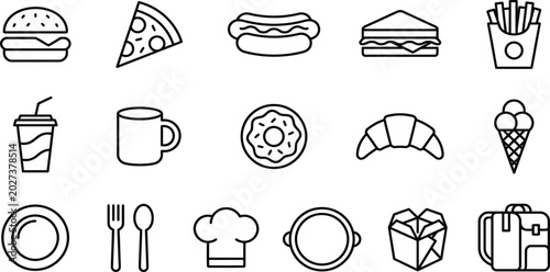 Bild auf Leinwand Fast food and drinks icons hand drawn sketch style with hot dog, ice cream