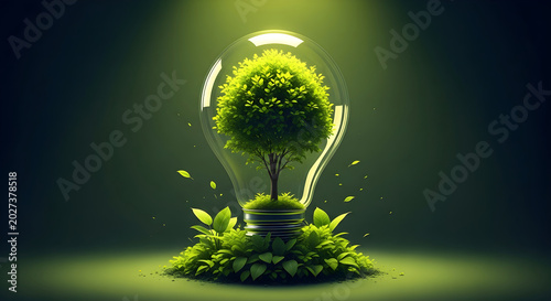 A small tree growing inside a glowing light bulb, symbolizing sustainable energy and environmental conservation