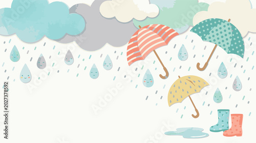 фотографія Cute rainy day vector illustration with pastel umbrellas clouds and rubber boots