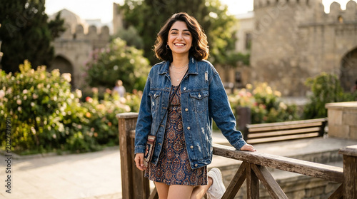 a beautiful young woman walking in the city street with smiling cute face