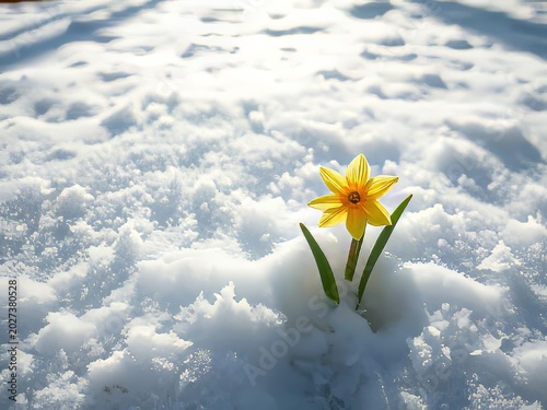 A lone yellow daffodil blooms through snow.