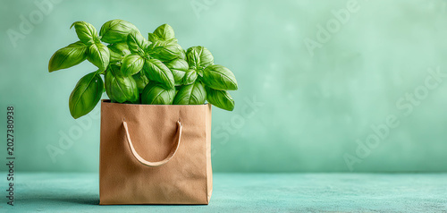 Fresh basil plant in a brown paper bag on a green background in a kitchen setting during daylight