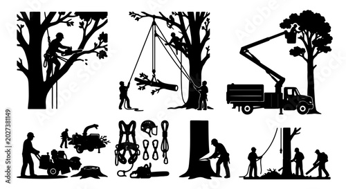 Canvas-taulu Arborist Tree Care Silhouettes: Professional Tree Service, Logging, and Arboricu