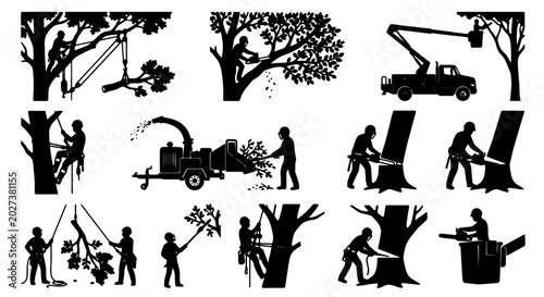 Arborist Tree Care Vector Icons Set, Professional Tree Felling and Pruning Services, Silhouette Graphics for Landscaping and Forestry