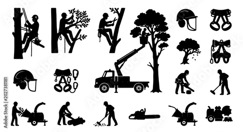 Tableau sur toile Arborist Tree Care Icons, Arboriculture Service Silhouettes, Forestry Equipment