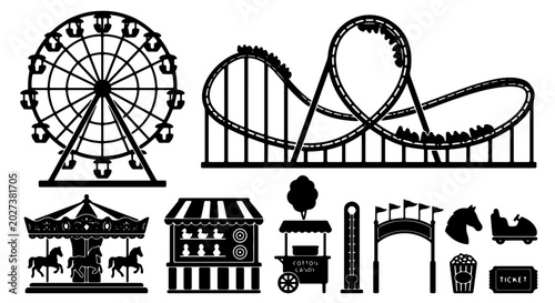 Fotografia Amusement Park Vector Icons, Carnival Rides Silhouette Collection, Ferris Wheel,