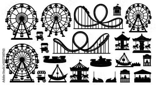 Foto Amusement Park Icons, Carnival Rides Silhouette Collection, Ferris Wheel, Roller