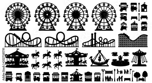 Obraz na plátně Amusement Park Icons Set, Carnival Rides Silhouette Collection, Ferris Wheel, Ro