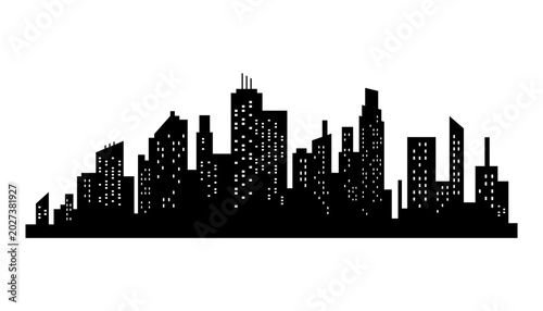 Cityscape silhouette. City building, night town and horizontal urban panorama silhouette. Modern urban landscape. Monochrome panoramic view