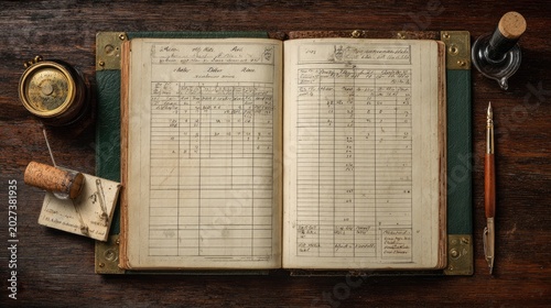 Aged ledger with inkwell, pen, and corked bottle on a wooden surface