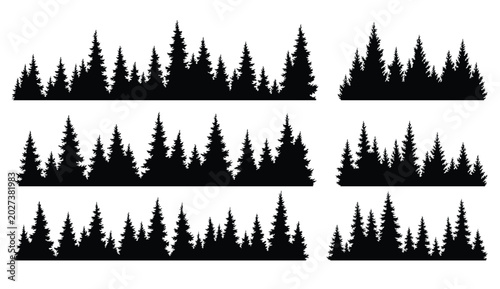 Set of fir trees silhouettes. Coniferous spruce horizontal background patterns, black evergreen woods vector illustration. Beautiful hand drawn panoramas of coniferous forest