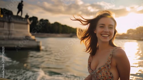 Girl enjoys sunset on a ship near the Eiffel Tower while the sun sets over the water in Paris with boats nearby