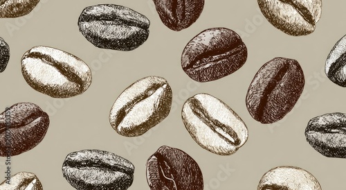 Detailed hand-drawn coffee beans scattered in a repeating pattern