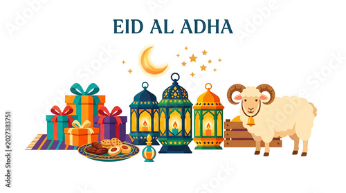 Eid al adha celebration with sheep gifts lanterns crescent moon, muslim holiday