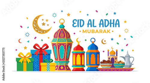 Eid al adha mubarak greeting with festive lanterns and gifts, muslim holiday