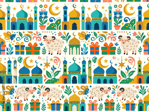 Decorative horizontal stripes pattern for islamic holidays with mosques