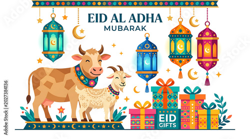 Eid al adha mubarak with cow goat festive lanterns gifts, crescent moon
