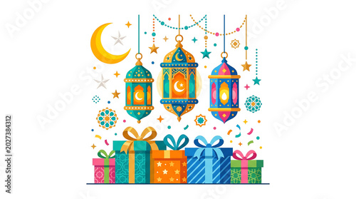 Hanging lanterns and gift boxes for eid mubarak celebration with crescent moon