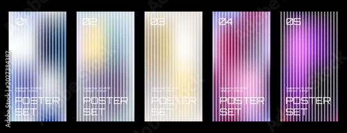 Abstract ribbed glass effect minimal poster set template with original conceptual chromatic fluid gradient and 3d vertical lines for modern summer campaign.