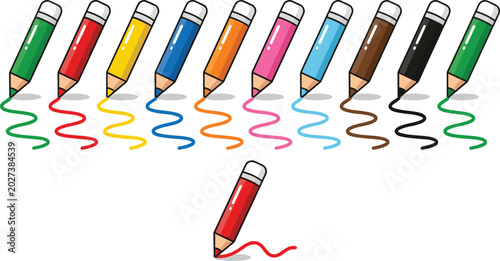Foto Colorful cartoon wooden pencils set drawing wavy lines featuring a separate red