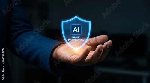 Businessman displays a floating digital security shield icon representing artificial intelligence fraud prevention systems.