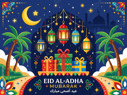 Eid al-adha mubarak illustration with crescent moon lanterns gifts palm trees
