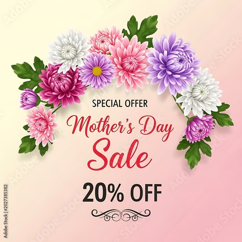 Colorful Floral Mothers Day Sale Design with Twenty Percent Discount on Pastel Background