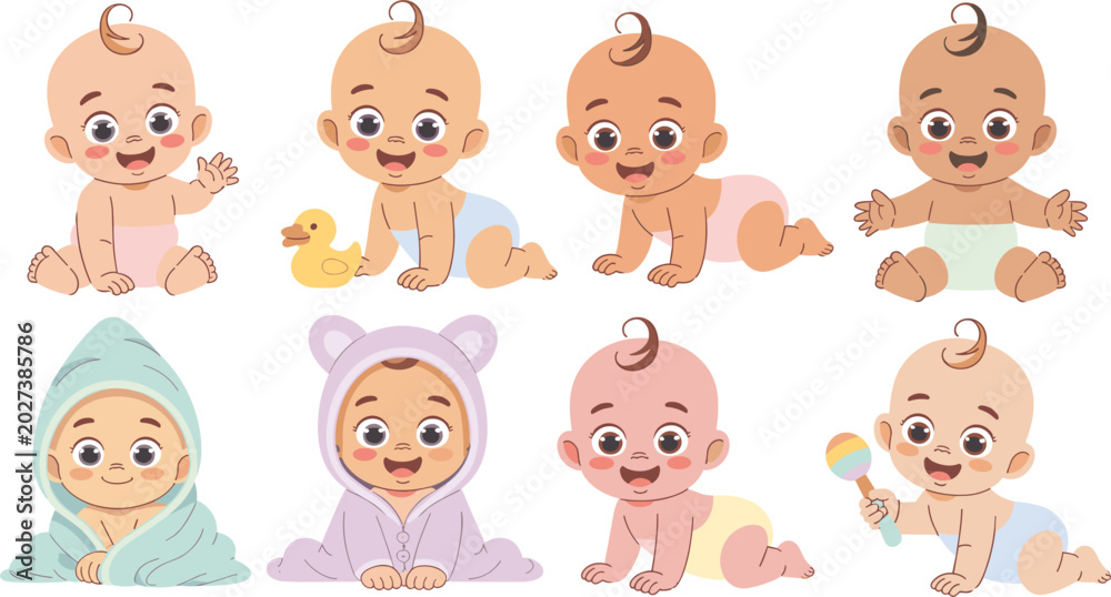 Fototapeta premium Cute Cartoon Baby Character Set with Happy Toddlers Crawling Sitting Wearing Hooded Towel Romper and Playing with Rattle Toys Vector IllustrationCute Cartoon Baby Character Set with Happy Toddlers Cra