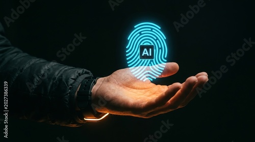 Fingerprint identification hologram glows over a human hand to signify modern biometric security authentication.