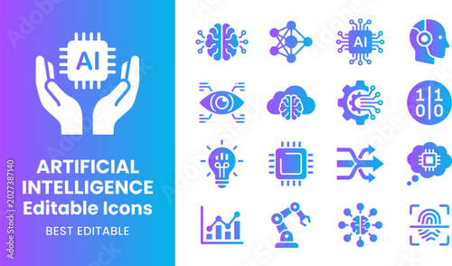 Artificial intelligence editable icons set machine learning neural networks and brain technology symbols.