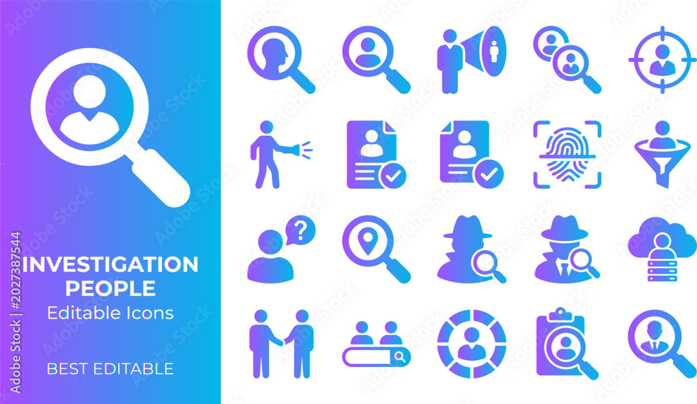 Fototapeta premium Investigation people editable icons for research security and analysis.