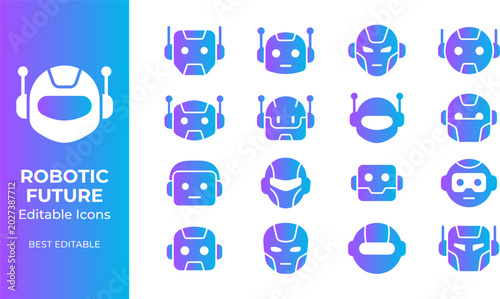 Schilderij op canvas Robotic future icons set editable gradient flat design technology objects