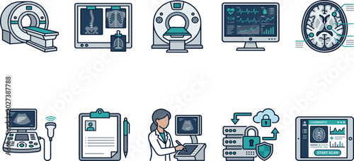 Foto Medical Diagnostic and Healthcare Technology Icon Set Featuring MRI Scanners, Ul