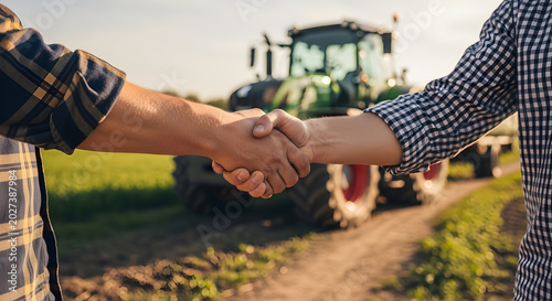 Two farmers shaking hands in front of a tractor on a farm