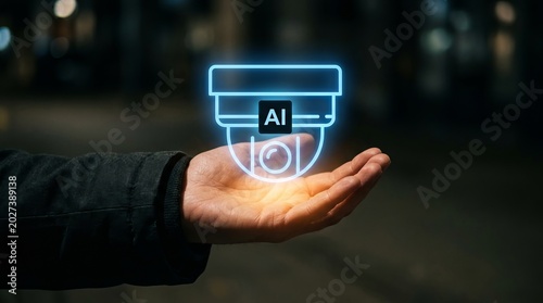 Person presents a glowing AI-powered surveillance camera hologram projected above an open palm in a dark setting.