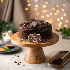 Delicious chocolate cake for Happy Father Day on a wooden stand