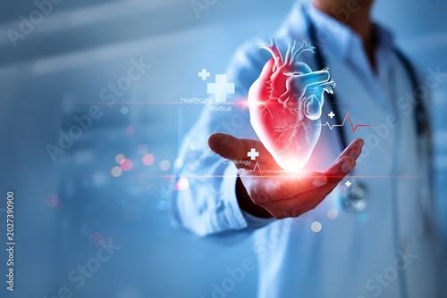Doctor holding glowing medical heart model representing modern healthcare cardiology innovation and digital diagnostic imaging for patient wellness.