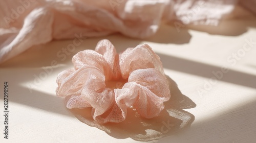 Delicate sheer pink scrunchie rests on a sunlit surface
