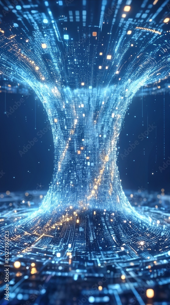 Fototapeta premium Vortex of light and binary code representing high-speed data transfer. Abstract digital tunnel with glowing particles for cloud computing and big data concepts.